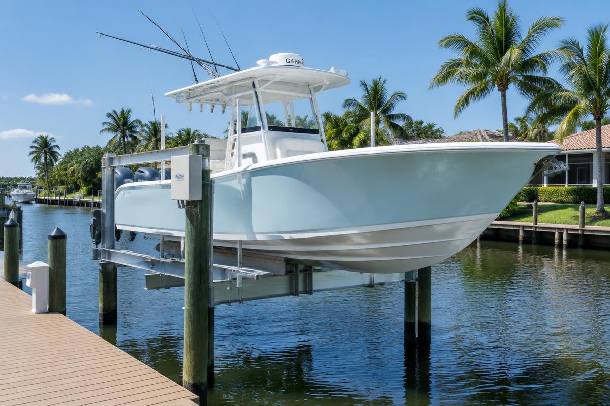 Center-console boat raised on a boat lift beside a private dock